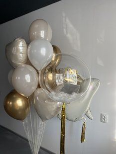 Повітряні кульки, з серцями, латексні та фольговані, набір 15 шт, золото, білі, беж, до Дня Народження 55730 фото