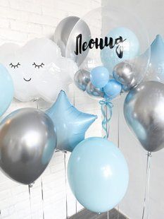 Воздушные шарики, со звездами, латексные и фольгированные, набор 10 шт, хром, серебряные 54769 фото
